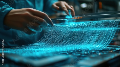 Futuristic smart fabric being woven, glowing threads and dynamic patterns, high-tech materials and innovative design