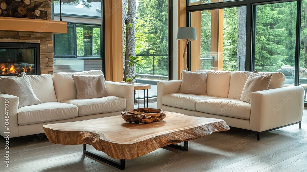 Fototapeta premium Live edge accent coffee table between two sofas by fireplace, Scandinavian home interior design of modern living room in house in forest.