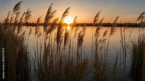 A serene sunset over a calm lake framed by tall grass, bathed in warm golden hues creating tranquility.