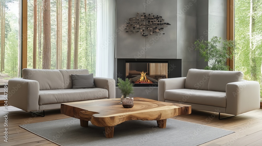 Fototapeta premium Live edge accent coffee table between two sofas by fireplace, Scandinavian home interior design of modern living room in house in forest.