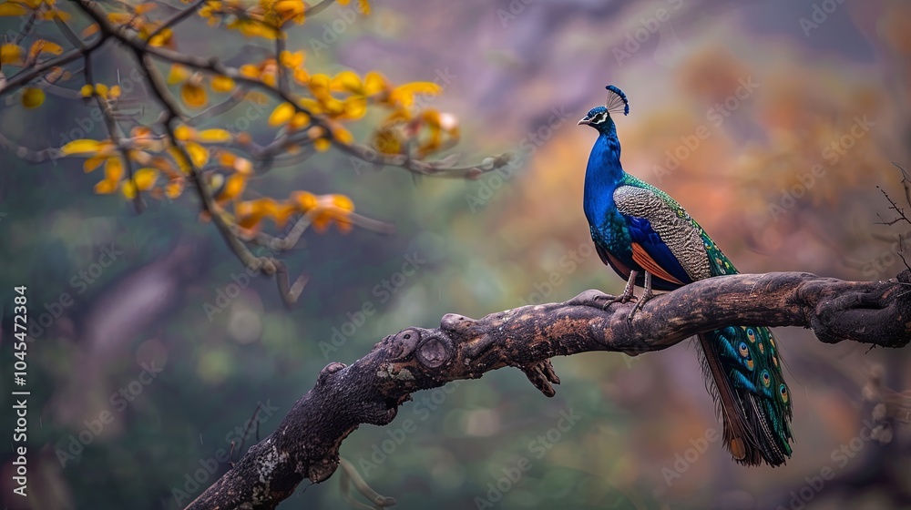 Fototapeta premium A majestic peacock perched on a tree branch, with a colorful plumage of blue, green, and gold. The background is a blurred forest setting with a soft, muted palette.
