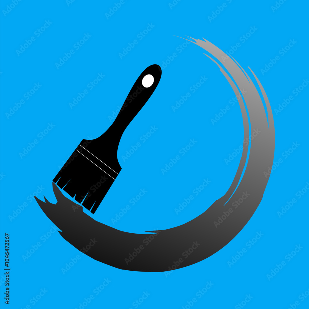 black brush with white tip and bristles creates black brush strokes on a blue background, forming a curved shape around the brush.brush logo icon