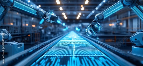Two robotic arms working on an automated production line with a glowing blue conveyor belt.