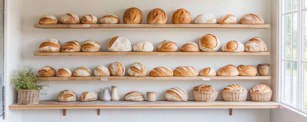 Rustic sourdough loaves cooling on wooden shelves in a cozy, old-fashioned bakery, surrounded by natural light Rustic sourdough loaves cooling on wooden shelves in a cozy, old-fashioned bakery, surrounded by natural light