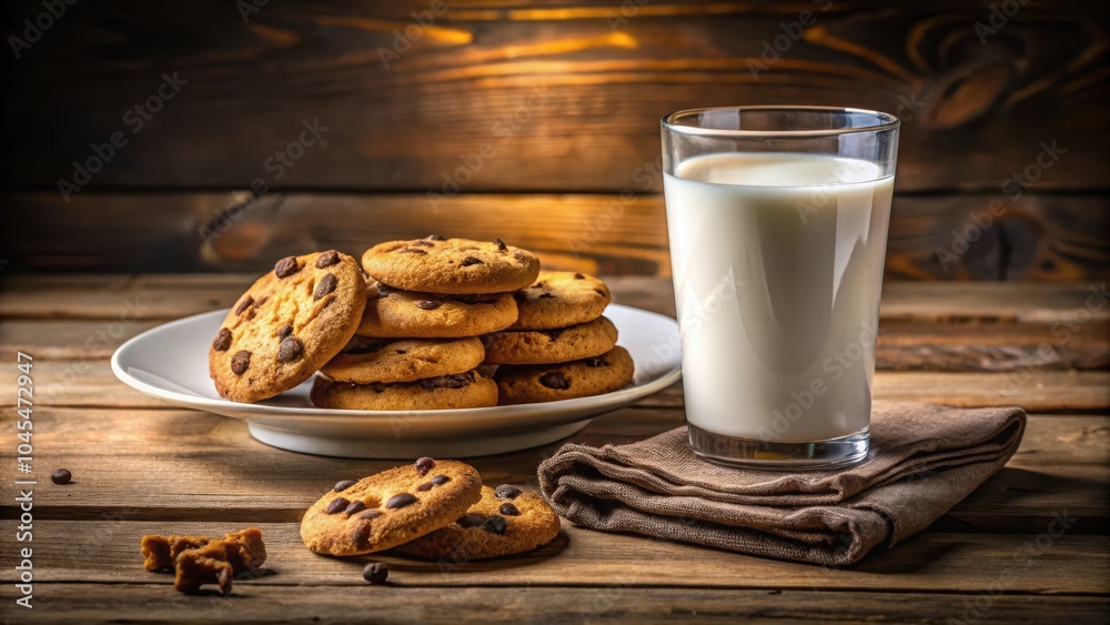 A stack of chocolate chip cookies on a white plate with a glass of milk and a brown napkin on a rustic wooden surface. A stack of chocolate chip cookies on a white plate with a glass of milk and a brown napkin on a rustic wooden surface.