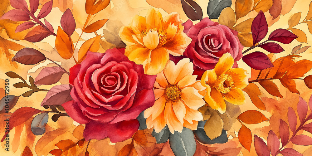 Autumn floral arrangement with roses and dahlias on a yellow background Autumn floral arrangement with roses and dahlias on a yellow background