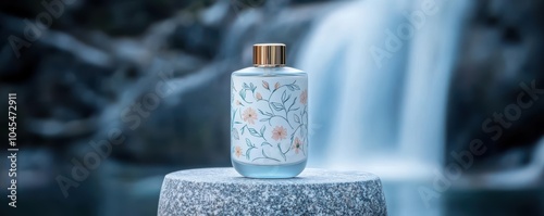 Elegant bottle with floral design near a serene waterfall.