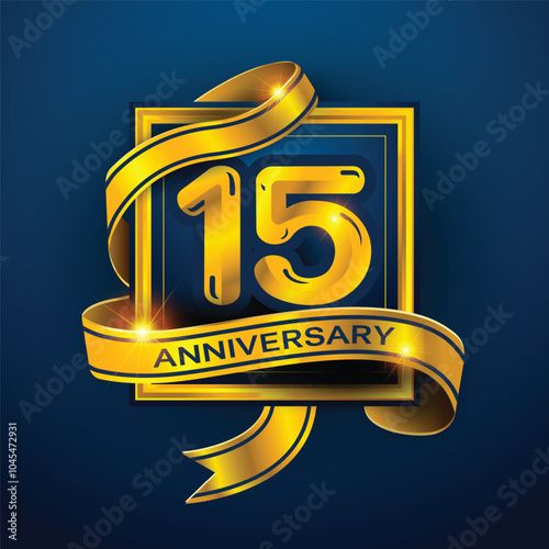 15th Anniversary design a golden ribbon wrapped around the number '15' on a dark blue background. Perfect for celebrating milestones or promoting anniversary events with a luxurious.