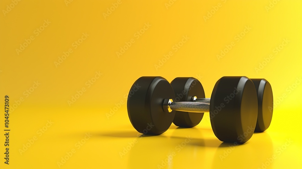 Chromium and black Dumbbell isolated on yellow background. 3d render. Chromium and black Dumbbell isolated on yellow background. 3d render.