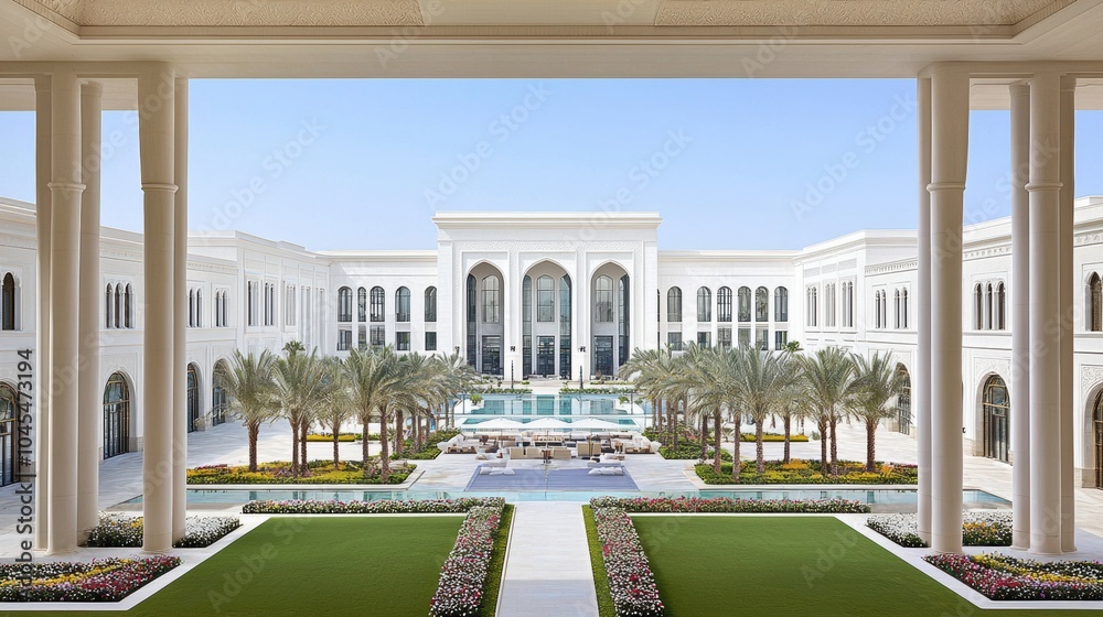 Obraz premium Opulent Architectural Palace with Elegant Fountain and Landscaping