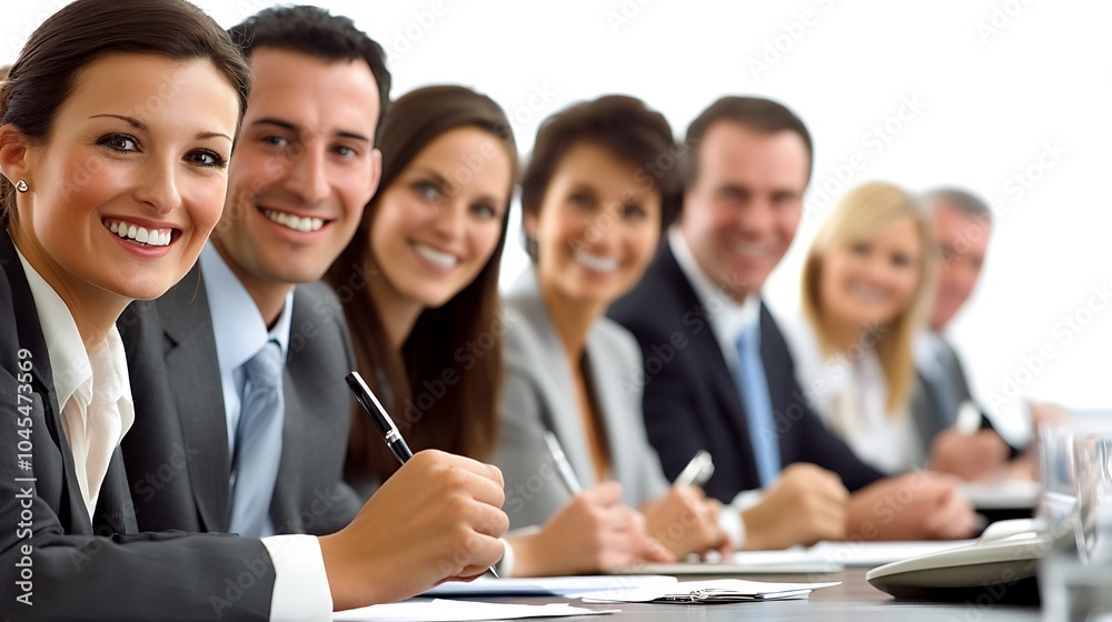 Businesspeople sitting casually around a conference table one person smiling and holding a pen as they discuss a project Businesspeople sitting casually around a conference table one person smiling and holding a pen as they discuss a project