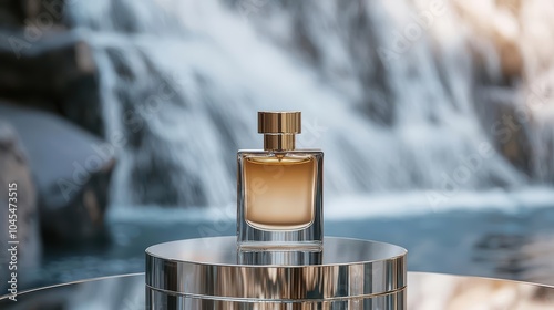 Elegant perfume bottle on a mirrored surface with a waterfall background.