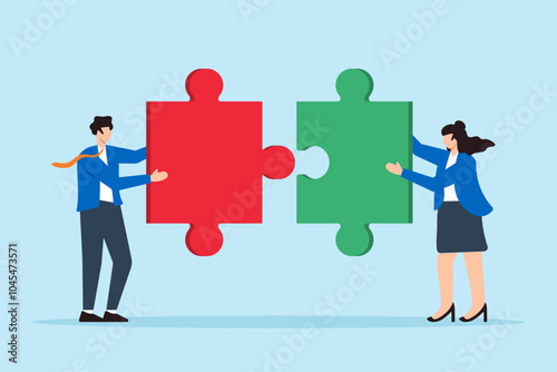 Flat illustration of businessman and businesswoman connect jigsaw puzzle pieces symbolizing teamwork and cooperation to solve challenges