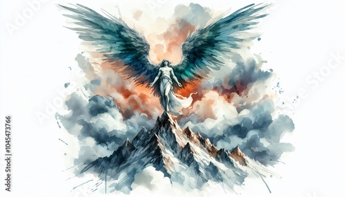 angel Majestic angel with wings on a mountain peak, dramatic sky in watercolor illustration photo