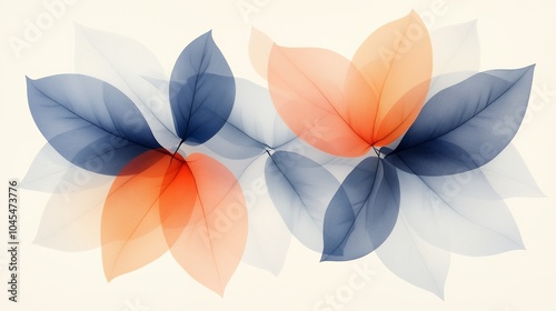 A blue and orange leafy design with a white background. The leaves are arranged in a way that they look like they are overlapping each other. The design gives off a sense of movement and fluidity
