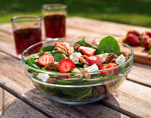 A fresh summer salad featuring spinach leaves, sliced strawberries, walnuts, and goat cheese, all drizzled with balsamic dressing. photo