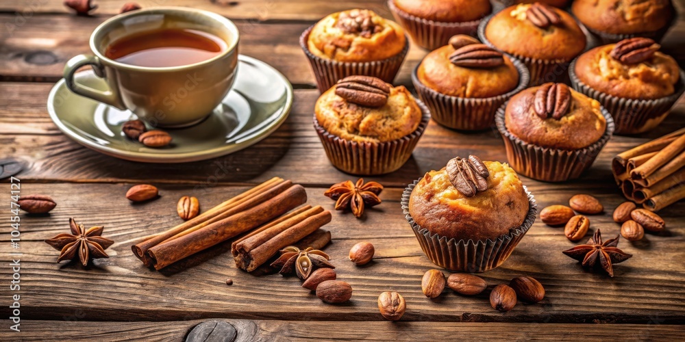 Warm and inviting, this image shows a delicious spread of pecan muffins, cinnamon sticks, star anise, and a cup of tea, perfect for a cozy afternoon. Warm and inviting, this image shows a delicious spread of pecan muffins, cinnamon sticks, star anise, and a cup of tea, perfect for a cozy afternoon.