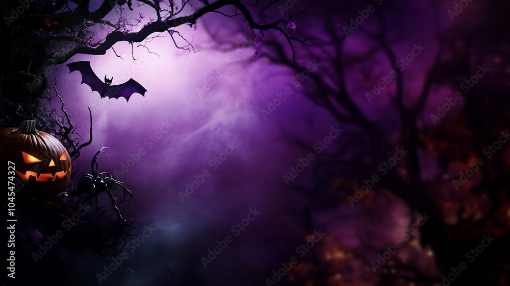 A spooky Halloween scene with a jack-o-lantern, a bat, and a full moon in a dark, misty forest. A spooky Halloween scene with a jack-o-lantern, a bat, and a full moon in a dark, misty forest.