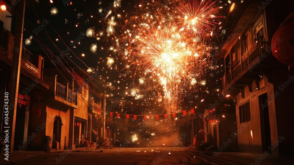 Fototapeta premium Stunning fireworks display over a quiet South Asian street, celebration concept with room for text