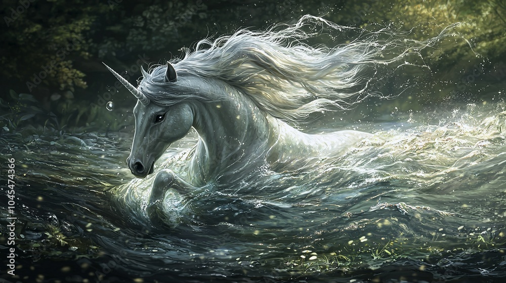 Enchanting Kelpie Swimming in a Serene River with Silver Mane Enchanting Kelpie Swimming in a Serene River with Silver Mane