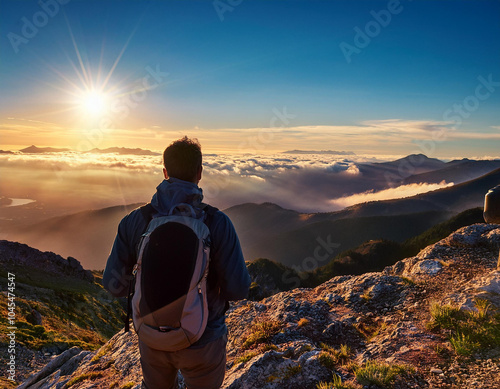 A person stands at the summit of a mountain, facing the horizon. They are dressed in hiking sportswear, with a backpack slung over their shoulders. photo