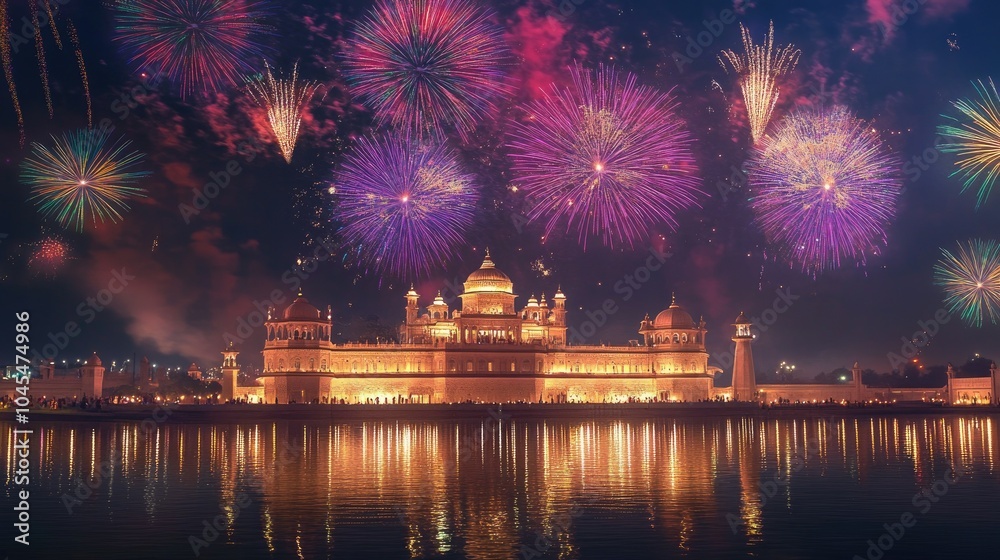 Fototapeta premium Stunning fireworks display over a South Asian palace, vibrant colors with room for text