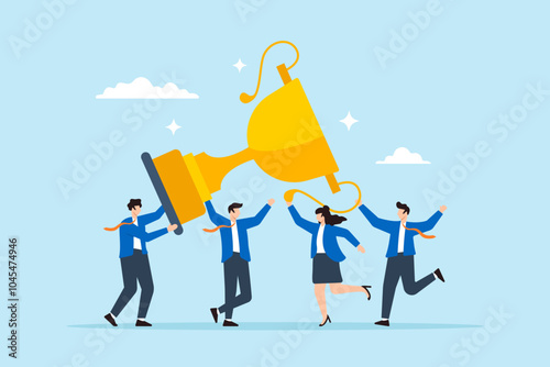 Flat illustration of business team celebrates and carries big winner trophy symbolizing teamwork and achievement