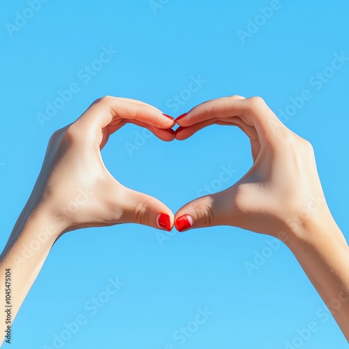 Hands create a heart shape against a clear blue sky, symbolizing love and affection in a vibrant, joyful manner.