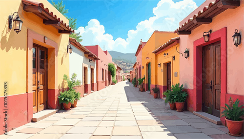 Narrow street in mexico, colorful houses and green plants in terracotta pots bathed in sunlight