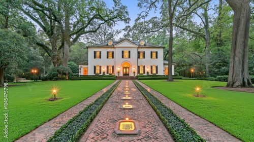 Majestic Antebellum Estate with Illuminated Landscape at Dusk