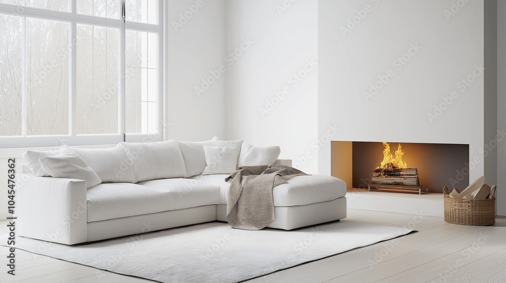 Fototapeta premium White corner sofa near fireplace. Scandinavian home interior design of modern living room.