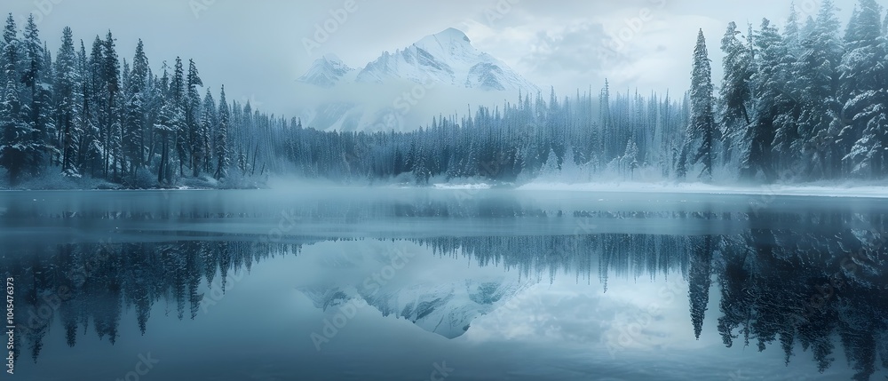 Fototapeta premium Ethereal Frozen Forest Lake with Snow Capped Mountain Reflection