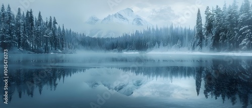 Ethereal Frozen Forest Lake with Snow Capped Mountain Reflection