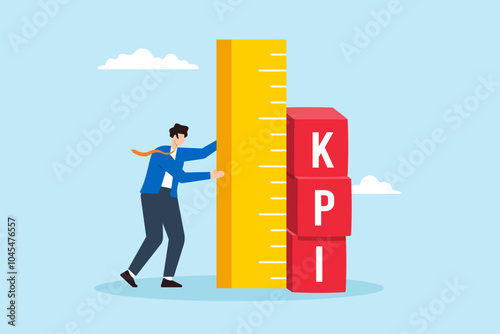 Flat illustration of businessman measuring Key Performance Indicator KPI box for evaluating success metrics and improve business