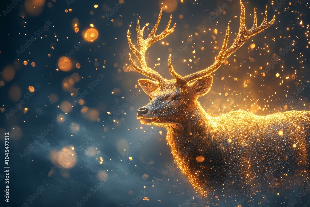 Golden Deer with Sparkling Effects Against Blue Background with Flying Golden Dust Particles. Golden Deer with Sparkling Effects Against Blue Background with Flying Golden Dust Particles.
