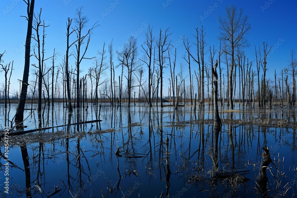 A stand of dead trees reflected in a still body of water against a clear blue sky. A stand of dead trees reflected in a still body of water against a clear blue sky.