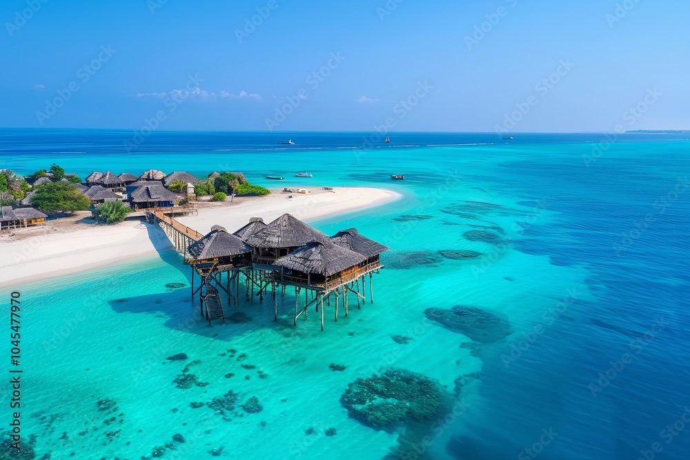 A stunning aerial view of a tropical island with crystal-clear turquoise water, white sand beaches, and luxurious overwater bungalows. A stunning aerial view of a tropical island with crystal-clear turquoise water, white sand beaches, and luxurious overwater bungalows.