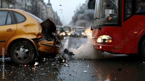 serious car accident involving bus and car, with debris scattered