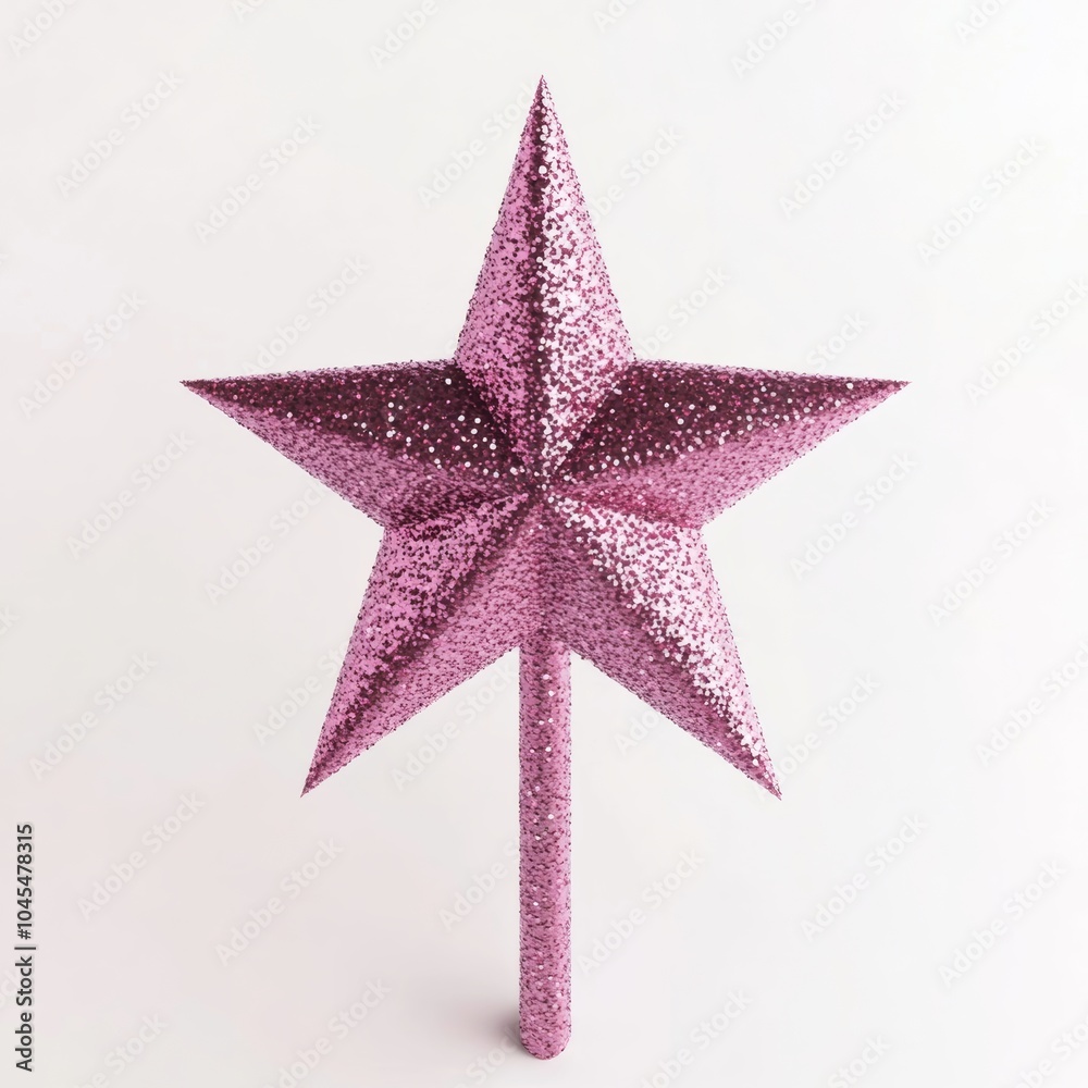 A minimalist 3D Christmas tree topper, shaped like a star and adorned with pink glitter, isolated against a clean white backdrop A minimalist 3D Christmas tree topper, shaped like a star and adorned with pink glitter, isolated against a clean white backdrop