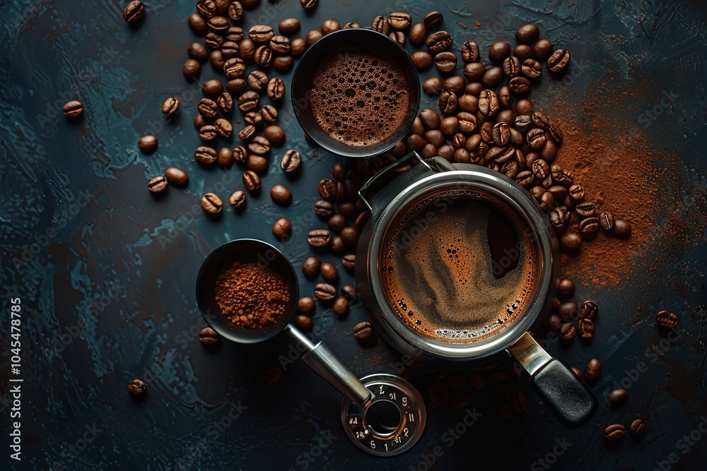A traditional Turkish coffee pot, a small cup of coffee, coffee beans, and coffee powder on a dark blue surface. A traditional Turkish coffee pot, a small cup of coffee, coffee beans, and coffee powder on a dark blue surface.