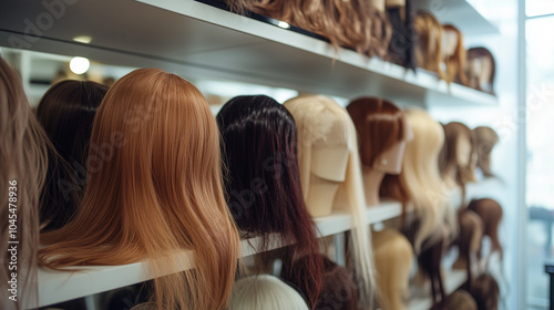 Shelf of wigs in various colors and styles
