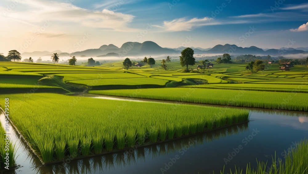 Obraz premium A serene view of golden rice paddies stretching across the landscape, with water reflecting the sky and distant mountains in the background.