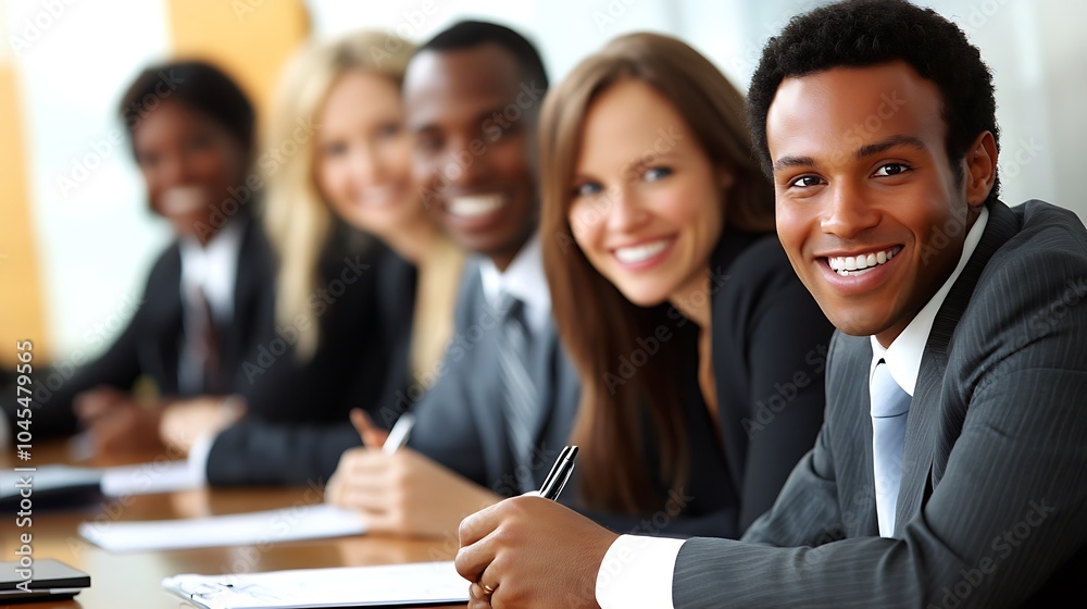 Business professionals seated in a casual posture around a conference table with one person smiling and holding a pen Business professionals seated in a casual posture around a conference table with one person smiling and holding a pen