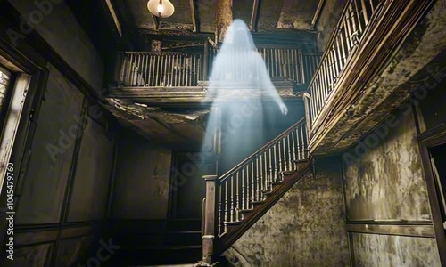 a ghost floating upward through a haunted house. Old, decayed interior