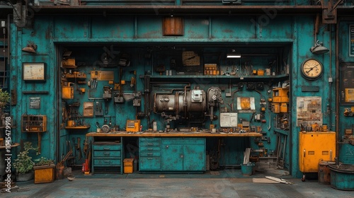 A cluttered workbench in a weathered industrial space.