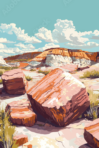 Petrified National Forest Park illustration showcasing a terracotta canyon with large rocks, distant landscapes, dry desert terrain, blue sky, and clouds, national park, vintage flat design, abstract 