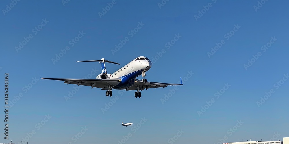 A white and blue commercial airplane approaches the runway for landing against a clear blue sky. A white and blue commercial airplane approaches the runway for landing against a clear blue sky.