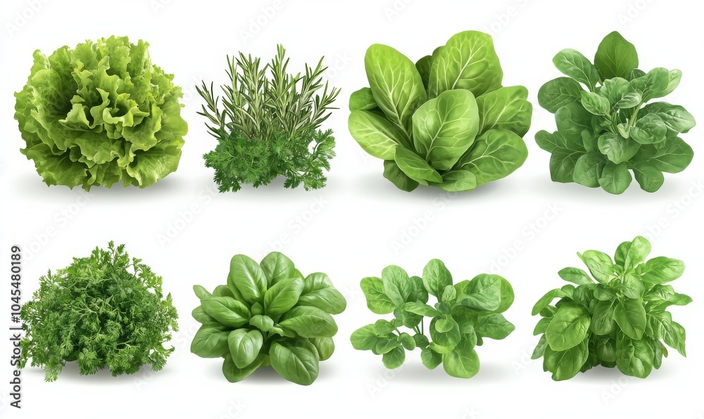 Naklejka premium Vegetables, kitchen herb garden, 3d realistic vector set. Cilantro, lettuce, mint, rosemary, dill, basil, arugula, spinach