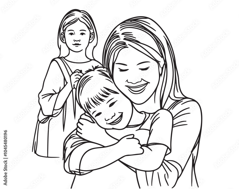 Mother and baby stylized vector symbol, mom hugs her child sketch Mother and baby stylized vector symbol, mom hugs her child sketch
