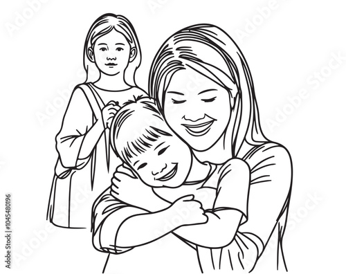 Mother and baby stylized vector symbol, mom hugs her child sketch